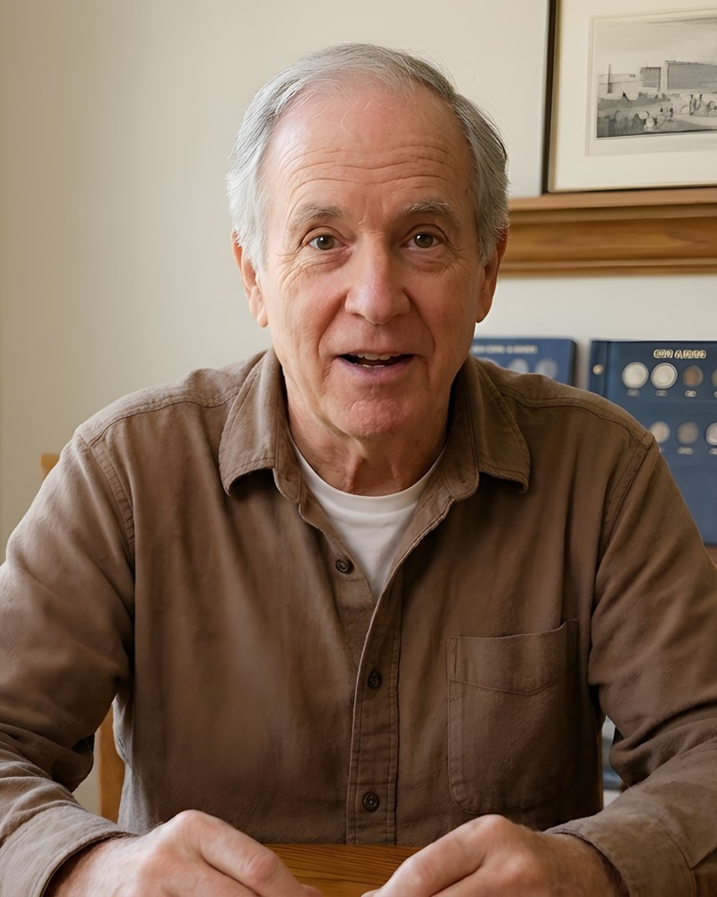 Walt Penny at his desk with his coin albums